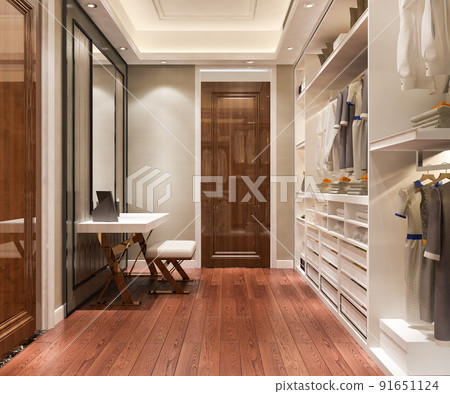 3d rendering luxury scandinavian wood walk in closet with wardrobe and make up table 3d rendering luxury scandinavian wood walk in closet with wardrobe and make up table 91651124