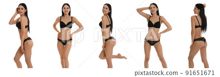 Collage of beautiful young woman in black underwear isolated on white 91651671