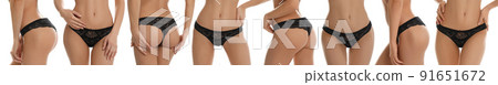 Collage of young woman in black underwear isolated on white, closeup. Banner design 91651672