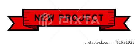 Ribbon label banner with word new project in red color on white background 91651925