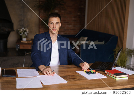 Business man working in office with laptop and documents on his desk, lawyer 91652563