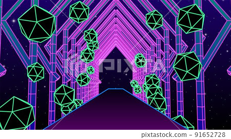 Neon corridor with wireframe shapes in 80s synthwave style. Abstrace retro arcade game background for party poster or music cover. Neon corridor with wireframe shapes in 80s synthwave style. Abstrace retro arcade game background for party poster or music cover. 91652728