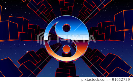 Synthwave frame with chrome Yin Yang sign and 80s styled synthwave arcade game landscape. Synthwave frame with chrome Yin Yang sign and 80s styled synthwave arcade game landscape. 91652729
