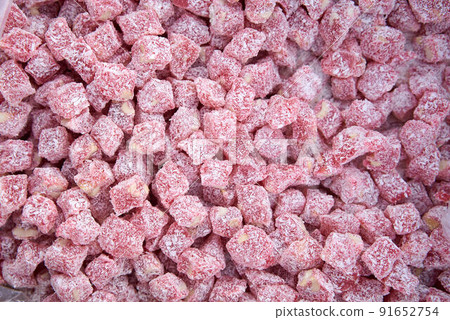 Dried fruits and berries on gray background top view. Lemons, oranges, bananas, raisins, cranberries Dried fruits and berries on gray background top view. Lemons, oranges, bananas, raisins, cranberries 91652754