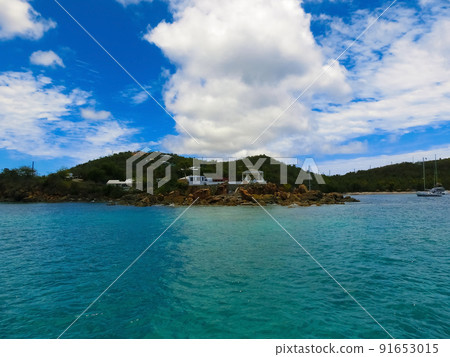 View of green coastline at one of the US Virgin Islands. 91653015
