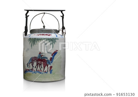 ancient white ceramic kettle and handle made of steel on a white background, object, vintage, decor, fashion, copy space 91653130