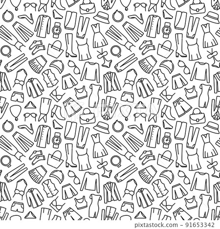 Seamless pattern with woman clothes and accessories line icon. Vector illustration 91653342