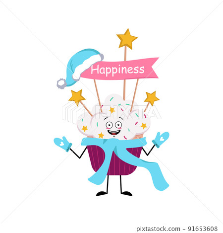 Cute cupcake character with joyful emotions, face, happy eyes, arms and legs. Sweet food with decorations, festive dessert. Happy New Year symbol in a blue Santa hat, scarf and mittens Cute cupcake character with joyful emotions, face, happy eyes, arms and legs. Sweet food with decorations, festive dessert. Happy New Year symbol in a blue Santa hat, scarf and mittens 91653608