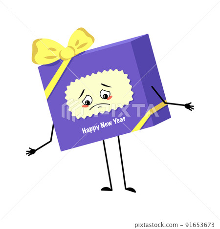 Cute character gift box for new year with bow and sad emotions, depressed face, down eyes, arms and legs. Festive packaging for Christmas Cute character gift box for new year with bow and sad emotions, depressed face, down eyes, arms and legs. Festive packaging for Christmas 91653673