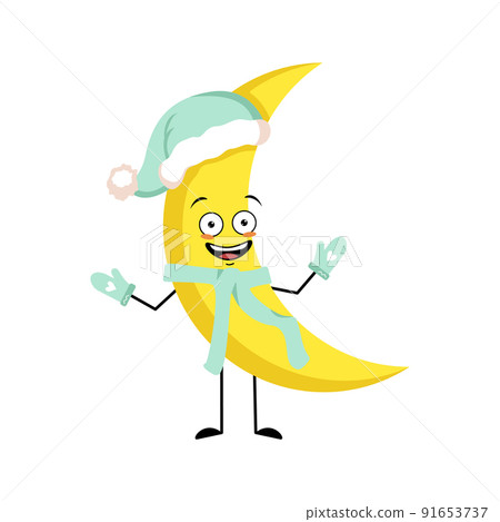 Cute moon character in nightcap in Santa hat with happy emotion, joyful face, smile eyes, arms and legs. Person with funny expression and pose. Vector flat illustration Cute moon character in nightcap in Santa hat with happy emotion, joyful face, smile eyes, arms and legs. Person with funny expression and pose. Vector flat illustration 91653737