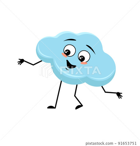 Cute cloud character with happy emotion, joyful face, smile eyes, arms and legs. Person with funny expression and pose. Vector flat illustration 91653751