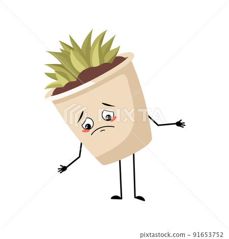 Cute character indoor plant in a pot with sad emotions, depressed face, down eyes, arms and legs. Planter with succulent for interior decoration 91653752