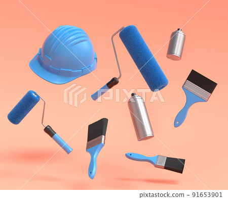Set of flying safety helmet, spray with paint rollers and brushes on orange 91653901