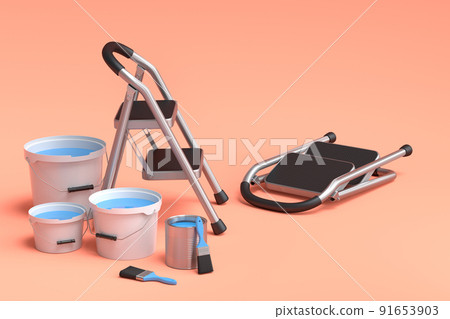 Set of metal can or bucket with paint roller, brush and folding ladder on orange Set of metal can or bucket with paint roller, brush and folding ladder on orange 91653903