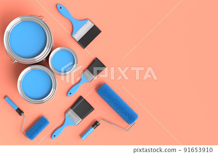 Set of metal cans or buckets with paint rollers and brushes on orange background Set of metal cans or buckets with paint rollers and brushes on orange background 91653910