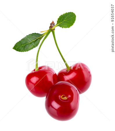 Cherry isolated on white background. Red ripe berry of sweet cherry. Clipping path. 91654037
