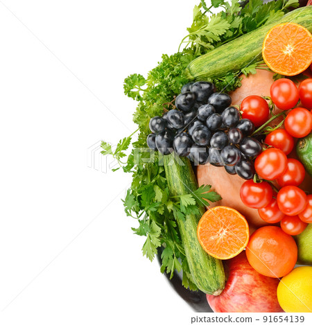 Composition of fruits and vegetables isolated on white background. There is free space for text. 91654139