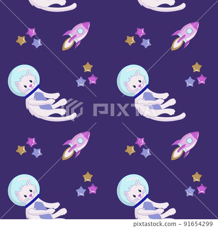 Seamless pattern Animals in space. Cute cat astronaut, rocket and stars. Characters exploring universe galaxy. Cartoon vector illustration. Seamless pattern Animals in space. Cute cat astronaut, rocket and stars. Characters exploring universe galaxy. Cartoon vector illustration. 91654299