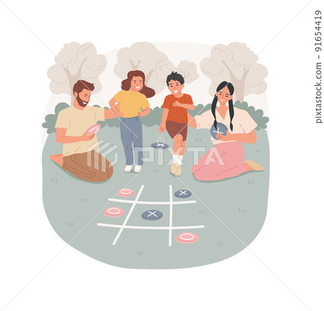 Frisbee Tic Tac Toe isolated cartoon vector illustration. Fun picnic activity, family playing tic tac toe game, throwing frisbee on grid drawn on grass, parents play with kids vector cartoon. 91654419
