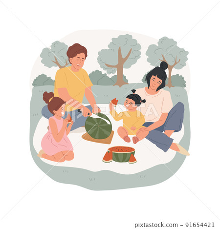 Watermelon isolated cartoon vector illustration. Parent cuts watermelon, kids eating juicy fruit, family having picnic in a park, sitting on grass, leisure time in the nature vector cartoon. Watermelon isolated cartoon vector illustration. Parent cuts watermelon, kids eating juicy fruit, family having picnic in a park, sitting on grass, leisure time in the nature vector cartoon. 91654421