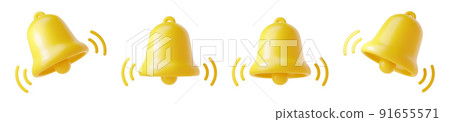 Notification bell icon 3d render - cute cartoon illustration of simple yellow bell for reminder or notice concept. Notification bell icon 3d render - cute cartoon illustration of simple yellow bell for reminder or notice concept. 91655571