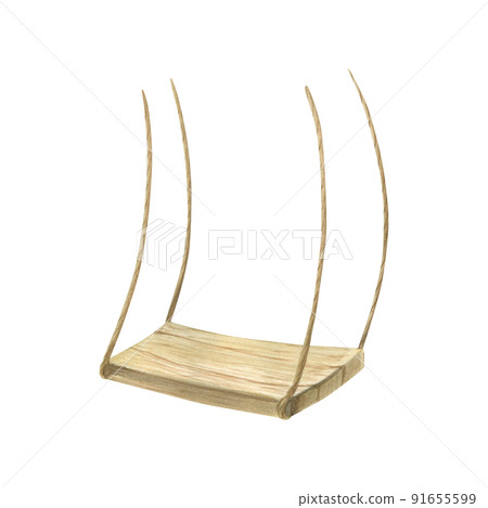 Watercolor illustration of a wooden swing on ropes. Made of planks and rope. For children, illustrations, isolated object on a white background. For decoration, print, wallpaper, stickers 91655599