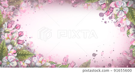 Horizontal frame with apple blossoms and splashes of paint. Watercolor illustration. For the design and decoration of postcards, posters, invitations, booklets, souvenirs, advertising, flyers. 91655600