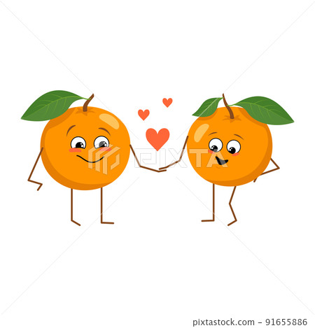 Set of cute oranges characters with emotions isolated on white background. The funny or happy heroes, orange fruit and vegetable have play, fall in love. Vector flat illustration Set of cute oranges characters with emotions isolated on white background. The funny or happy heroes, orange fruit and vegetable have play, fall in love. Vector flat illustration 91655886