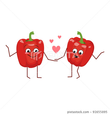 Set of cute bell pepper characters with emotions isolated on white background. The funny or happy heroes, red fruit and vegetable have play, fall in love. Vector flat illustration Set of cute bell pepper characters with emotions isolated on white background. The funny or happy heroes, red fruit and vegetable have play, fall in love. Vector flat illustration 91655895