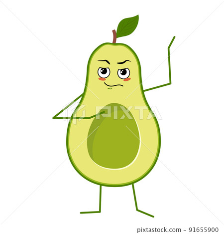 Cute avocado character with face and emotions isolated on white background. The funny or sad hero, green fruit and vegetable. Vector flat illustration 91655900