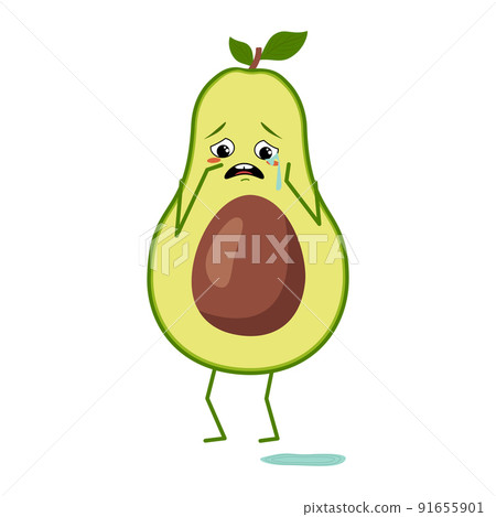Cute avocado character with crying and tears emotions isolated on white background. The funny or sad hero, green fruit and vegetable. Vector flat illustration 91655901
