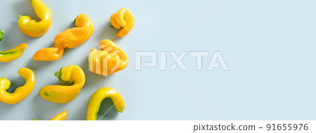 Abnormal ugly organic yellow pepper on blue. View from above. Abnormal ugly organic yellow pepper on blue. View from above. 91655976