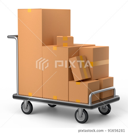 Airport luggage cart or baggage trolley side with cardboard boxes or cartons Airport luggage cart or baggage trolley side with cardboard boxes or cartons 91656281