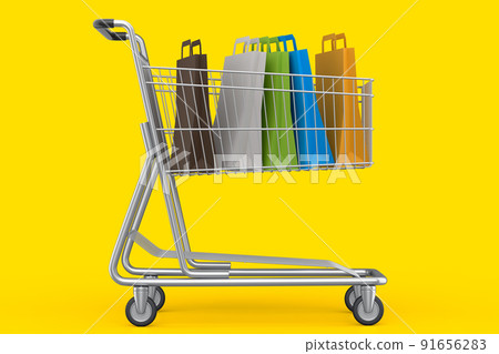 Shopping cart or trolley with shopping bag on yellow background. 91656283