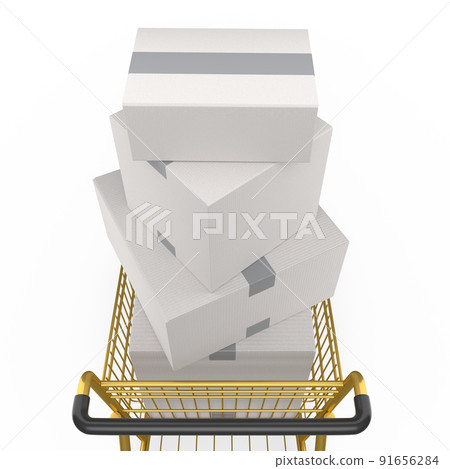 Shopping cart or trolley with cardboard boxes on white background. Shopping cart or trolley with cardboard boxes on white background. 91656284