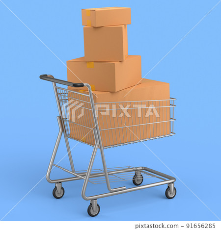 Shopping cart or trolley with cardboard boxes on blue background. Shopping cart or trolley with cardboard boxes on blue background. 91656285