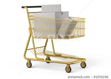 Shopping cart or trolley with cardboard boxes on white background. Shopping cart or trolley with cardboard boxes on white background. 91656286