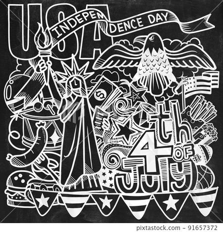 4th of July. Fourth of July doodle set , USA independence day celebration poster . Hand draw doodle background. Vector illustration 91657372