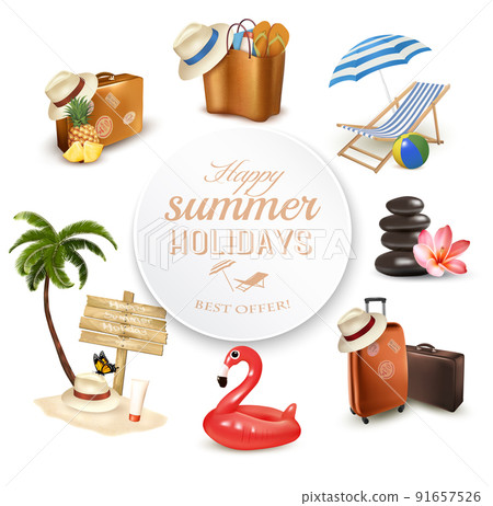 Set of vacation travel related icons. Vector. 91657526