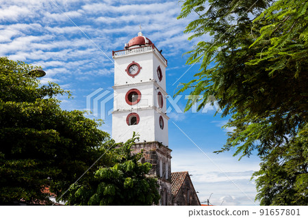 Bell tower of the San Sebastian Church built between 1553 and 1653 at the town of Mariquita in Colombia 91657801