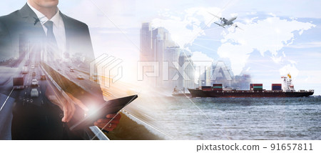 Businessman with world logistics background or transportation Industry or shipping business, Container Cargo shipment truck delivery airplane import export Concept Businessman with world logistics background or transportation Industry or shipping business, Container Cargo shipment truck delivery airplane import export Concept 91657811