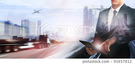 Businessman with world logistics background or transportation Industry or shipping business, Container Cargo shipment truck delivery airplane import export Concept Businessman with world logistics background or transportation Industry or shipping business, Container Cargo shipment truck delivery airplane import export Concept 91657812