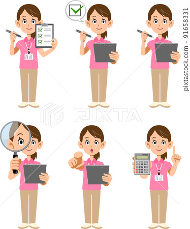 A set of 6 types of women wearing a pink short-sleeved polo shirt and a name tag with a magnifying glass and documents 91658331