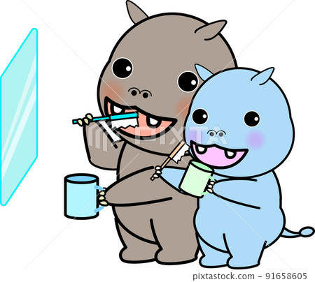 適合使用牙刷的父母和孩子的可愛河馬 91658605