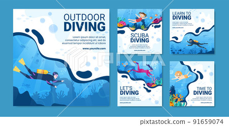 Diving Social Media Post Template Flat Cartoon Background Vector Illustration 91659074