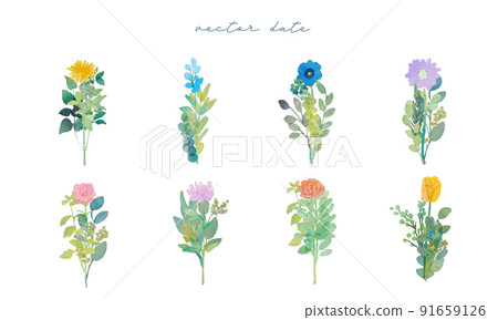 水彩。帶有水彩筆觸的花卉插圖。五顏六色的花矢量圖集。 91659126