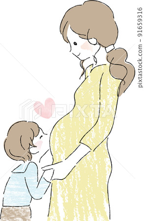 A boy kissing a pregnant woman's belly 91659316
