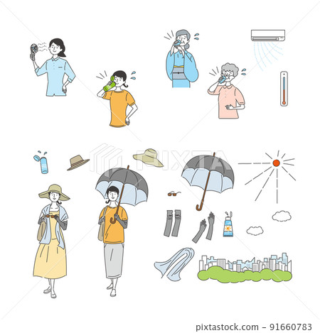 A set of women, UV rays and heat measures 91660783