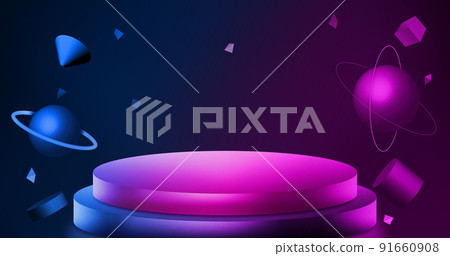 3d rendering neon floating geometry and planet still life display stand 91660908