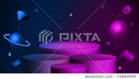3d rendering neon floating geometry and planet still life display stand 91660909